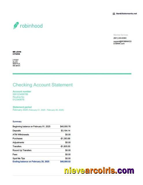 USA Robinhood Banking account statement Word and PDF